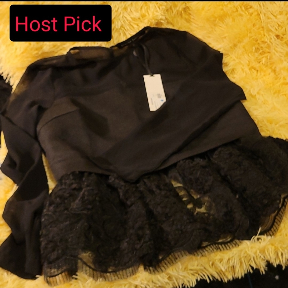 English Factory Sheer Sleeves Lace Ruffle Evening Top